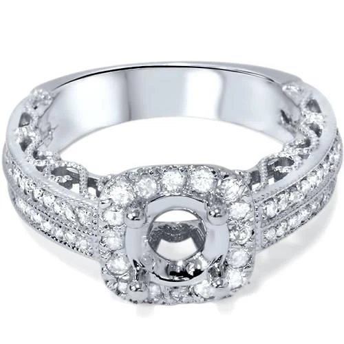 商品Pompeii3|VVS 3/4 Cushion Halo Filigree Engagement Ring Setting 14K White Gold Setting Only,价格¥9548,第3张图片详细描述