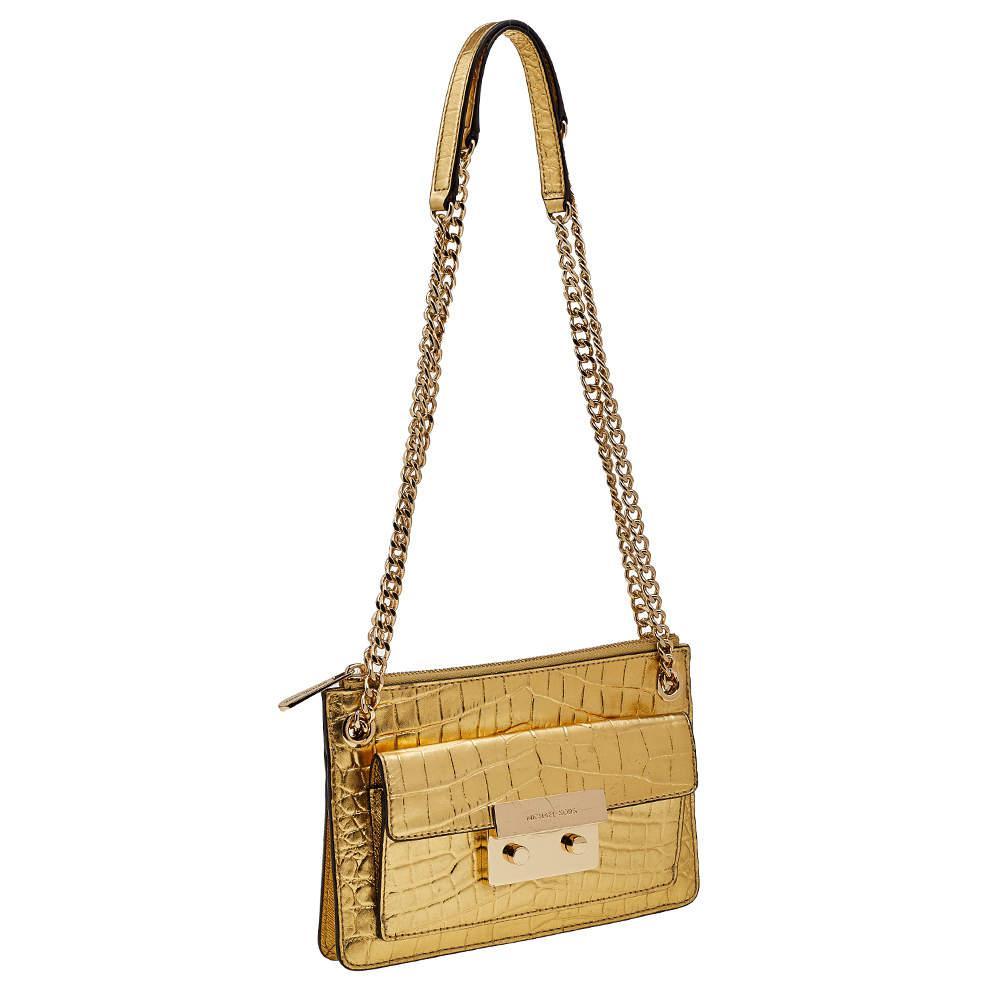 商品[二手商品] Michael Kors|MICHAEL Michael Kors Metallic Gold Croc Embossed Leather Sloan Shoulder Bag,价格¥810,第5张图片详细描述