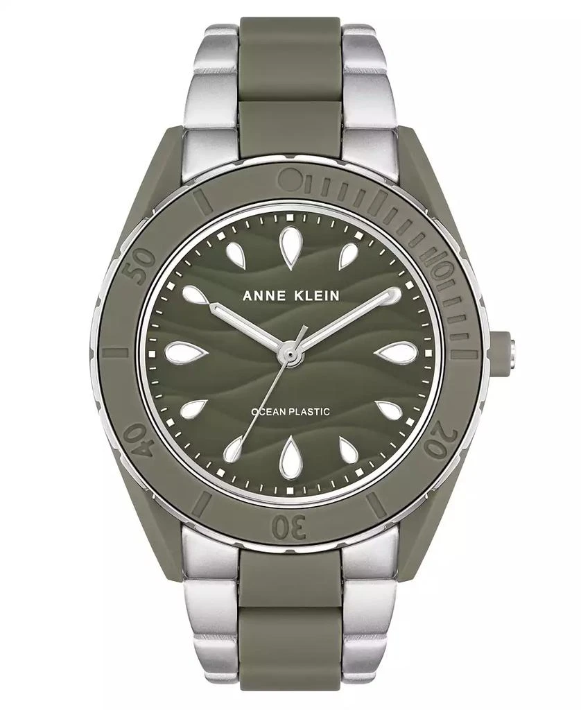 商品Anne Klein|Women's Three-Hand Quartz Silver-Tone and Olive Green Solar Oceanwork Plastic Bracelet Watch, 38.5mm,价格¥929,第1张图片