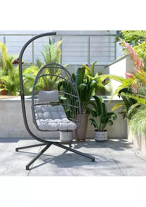 商品Merrick Lane|Lane Merrick Lane Riley Foldable Woven Hanging Egg Chair In Natural With Removable Cream Cushions And Stand For Indoor And Outdoor Use,价格¥2485,第1张图片