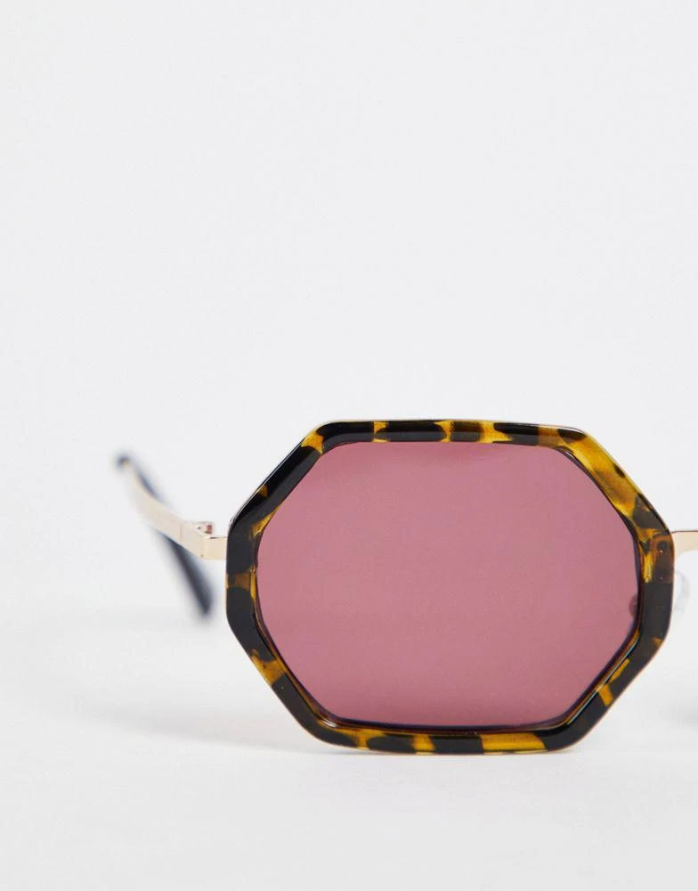 商品ASOS|ASOS DESIGN hexagon sunglasses with purple lens in brown tortoiseshell,价格¥77,第2张图片详细描述