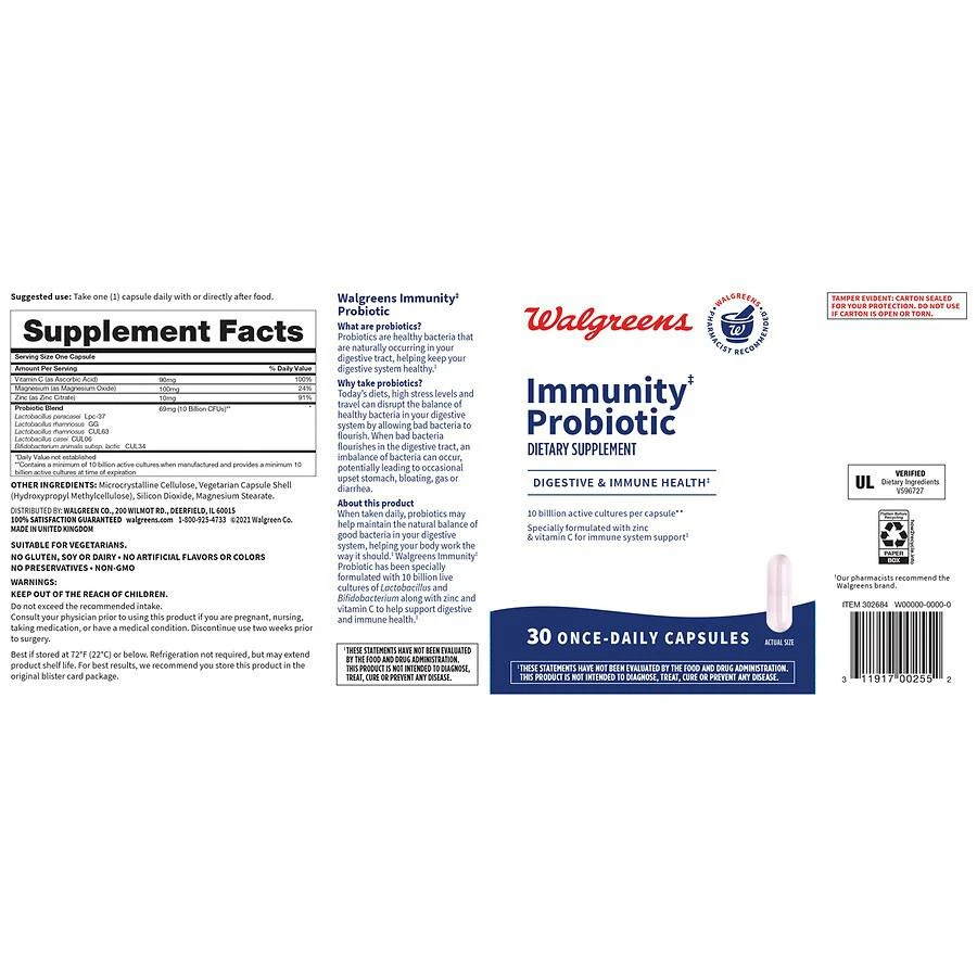 商品Walgreens|Daily Immunity Probiotic Capsules with Vitamin C,价格¥148,第2张图片详细描述