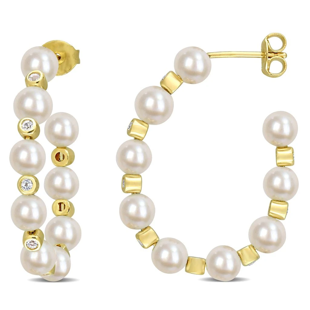 商品Mimi & Max|4.5-5 MM Freshwater Cultured Pearl and 1/2 CT TGW White Topaz Beaded Hoop Earrings in Yellow Plated Sterling Silver,价格¥866,第1张图片