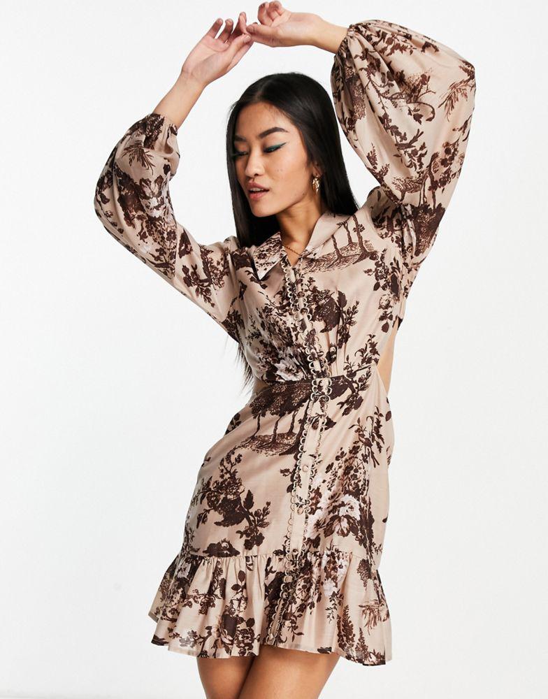 ASOS DESIGN printed voile cut out mini dress with button front and collar detail商品第2张图片规格展示