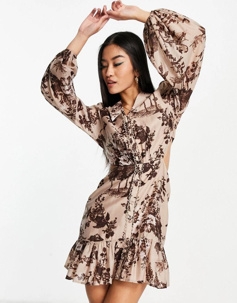 商品ASOS|ASOS DESIGN printed voile cut out mini dress with button front and collar detail,价格¥257,第2张图片详细描述