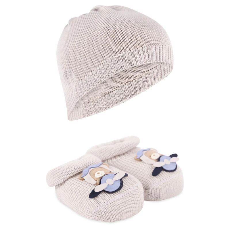 商品Story Loris|Teddy pilot applique baby shoes and cap set in beige,价格¥905,第1张图片