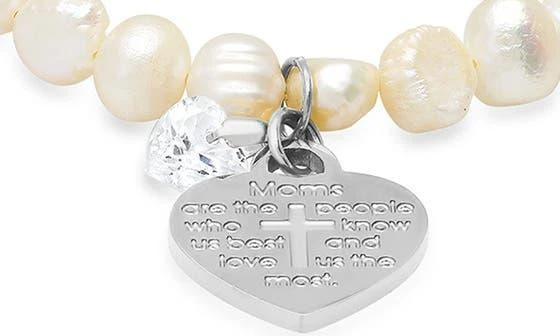 商品HMY JEWELRY|Mom Cross Heart Charm Stainless Steel Simulated Diamond Imitation Pearl Stretch Bracelet,价格¥203,第2张图片详细描述