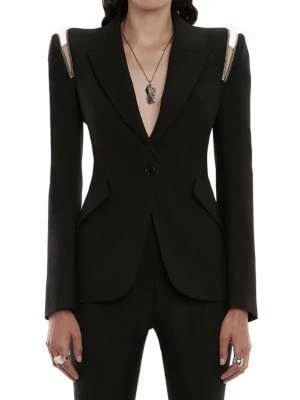 商品Alexander McQueen|Zip Peak Shoulder Leaf Crepe Jacket,价格¥5213,第1张图片