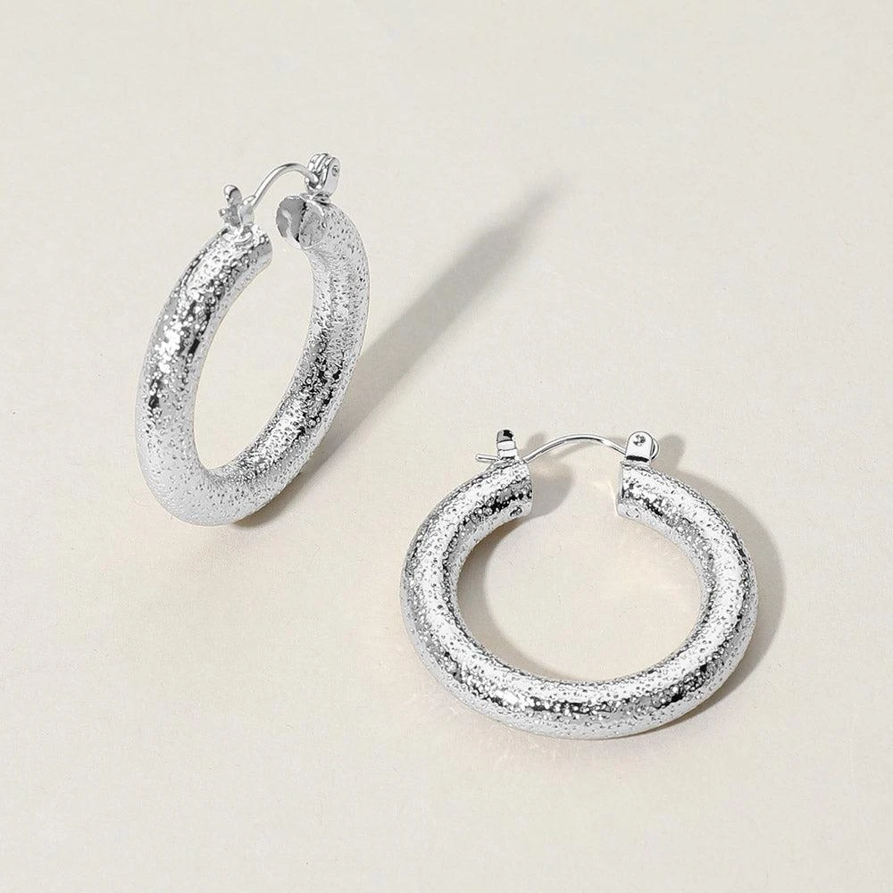 商品FASHNZFAB|Textured Metal Hoop Pin Catch Earrings - Silver,价格¥175,第1张图片详细描述