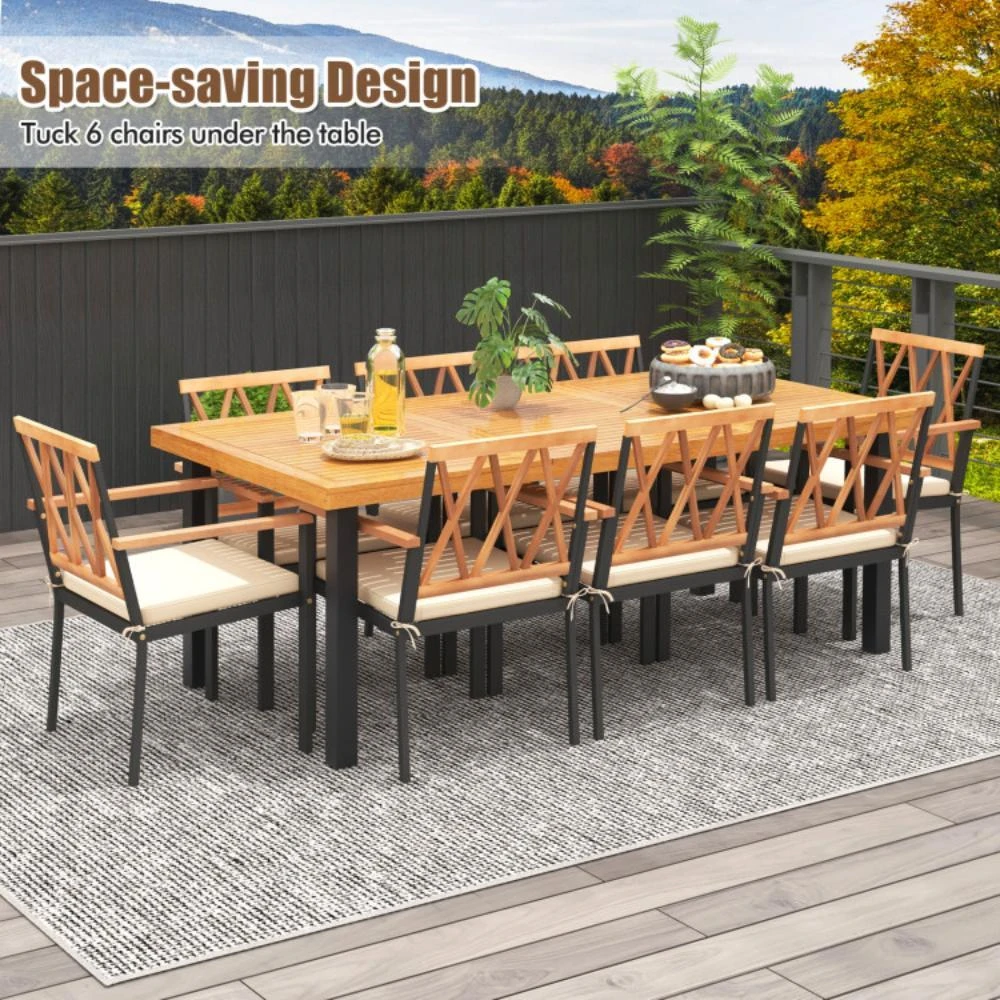 商品Hivvago|9 Pieces Patio Dining Set 39.5 Inch Acacia Wood Table with Umbrella Hole and 22.5-Inch Wide Chairs,价格¥6787,第5张图片详细描述