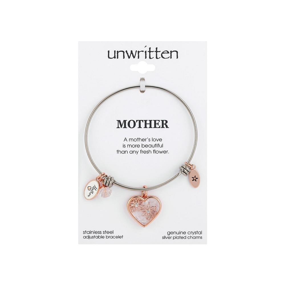 商品Unwritten|Rose Gold Two-Tone Stainless Steel Crystal "Mother" Heart and Flower Bangle Bracelet,价格¥143,第4张图片详细描述