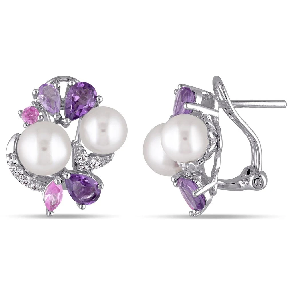 商品Mimi & Max|Amethyst, Rose de France, Created Pink and Created White Sapphire and White Cultured Freshwater Pearl Cluster Earrings,价格¥898,第1张图片