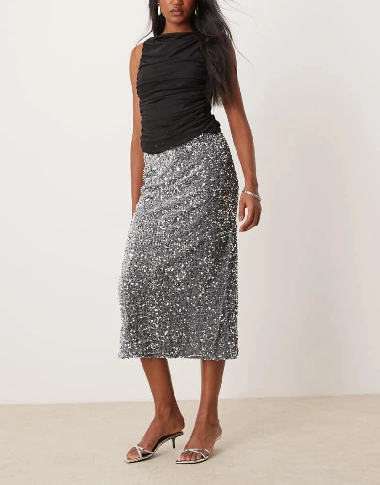 商品Vila|Vila sequin & velour maxi skirt in silver grey,价格¥290,第4张图片详细描述