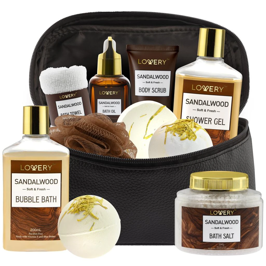 商品Lovery|Luxury Spa Kit for Men - Sandalwood Bath Set - Personal Care Kit in Brown Leather Cosmetic Bag,价格¥350,第1张图片