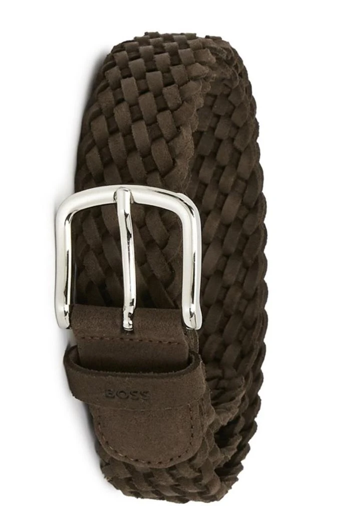 商品Hugo Boss|BOSS - SASH Dark Brown Woven Suede Belt With Polished Buckle 50474979 202,价格¥923,第1张图片