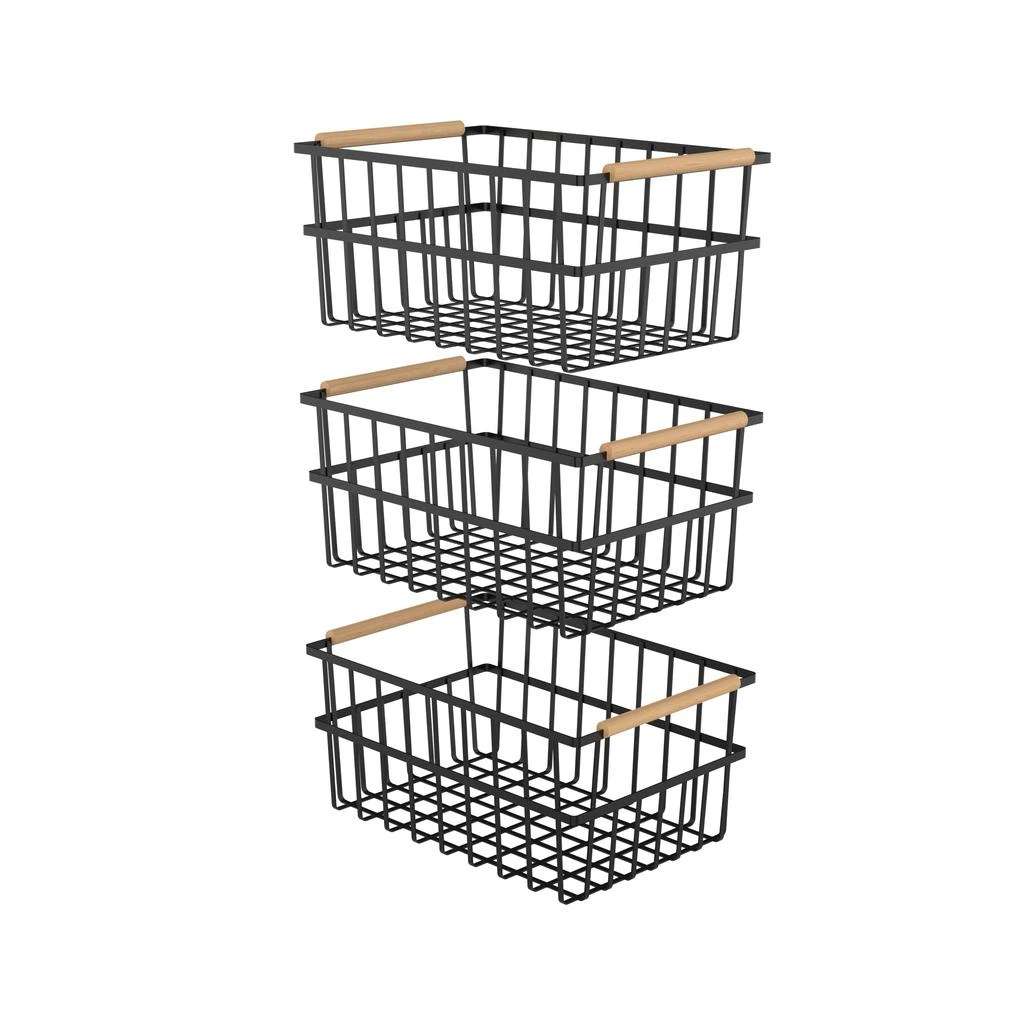 商品Oceanstar|Metal Wire Organizer Bin Basket with Handles, Set of 3, Black,价格¥535,第1张图片