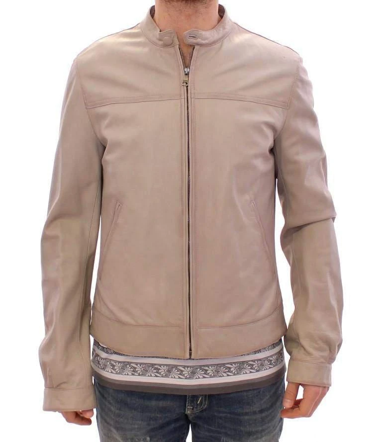 商品Dolce & Gabbana|Dolce & Gabbana  Beige Leather Jacket Biker Coat,价格¥8646,第1张图片