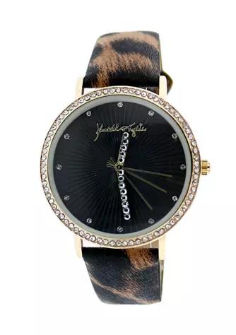 Gold Tone Analog Watch with Watercolor Vegan Leather Leopard Print Strap商品第1张图片规格展示