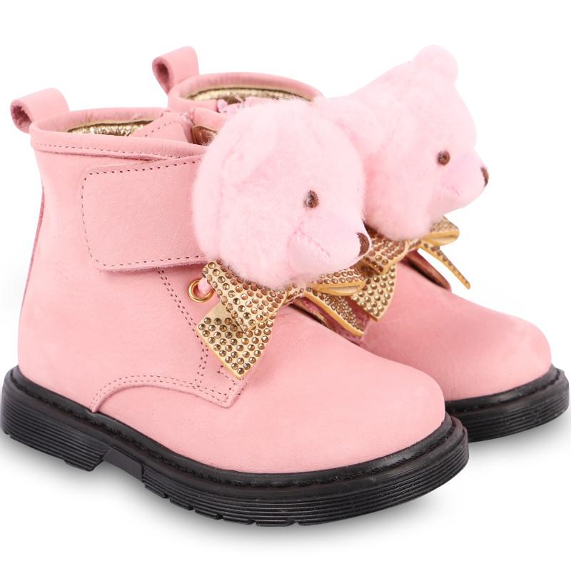 Teddy and rhinestones bows leather boots in pink商品第1张图片规格展示