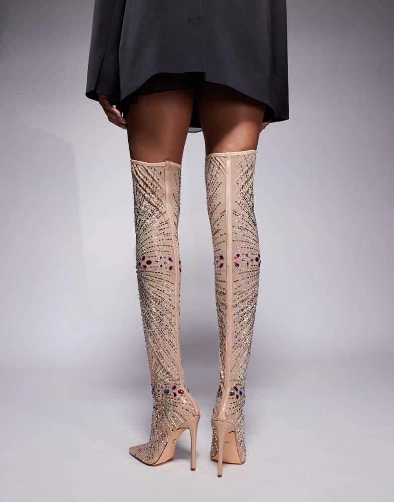 商品AZALEA WANG|Azalea Wang Chevelle mesh sock embellished over the knee boots in beige,价格¥1108,第4张图片详细描述