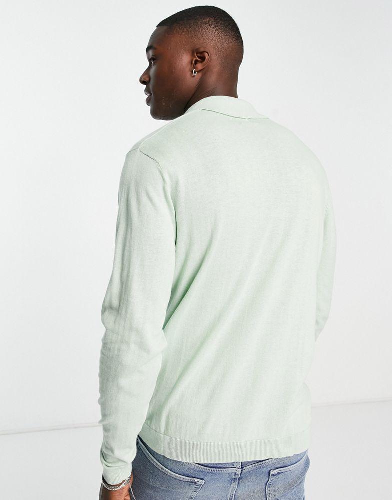 ASOS DESIGN knitted cotton revere polo jumper in mint green商品第2张图片规格展示