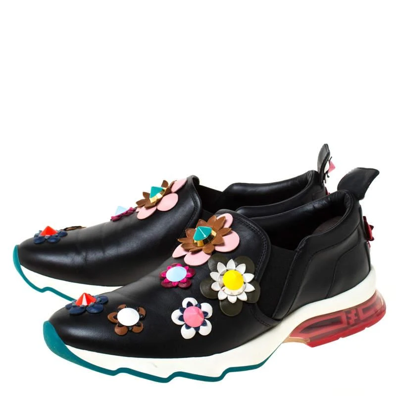 商品[二手商品] Fendi|Fendi Black Leather Flowerland Ffast Slip On Sneakers Size 40,价格¥2508,第4张图片详细描述