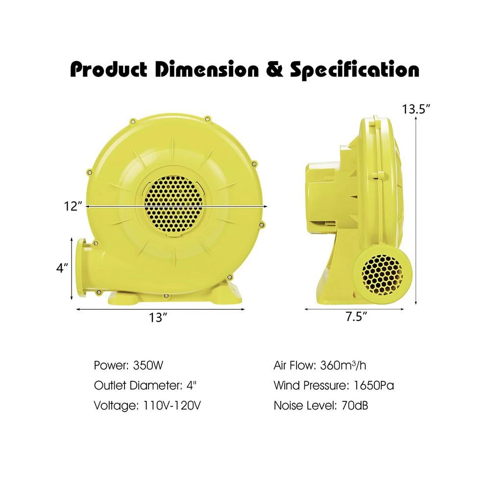 商品Costway|Air Blower Pump Fan 350 Watt 0.5 HP for Inflatable Bounce House Bouncy Castle,价格¥456,第3张图片详细描述