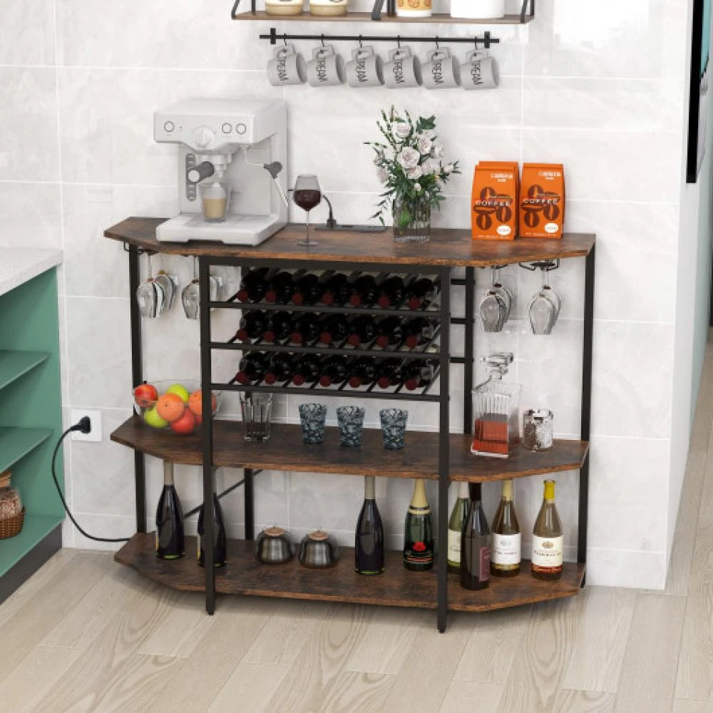 商品Hivvago|3-Tier Wine Bar Cabinet with Storage Shelves-Brown,价格¥1056,第2张图片详细描述
