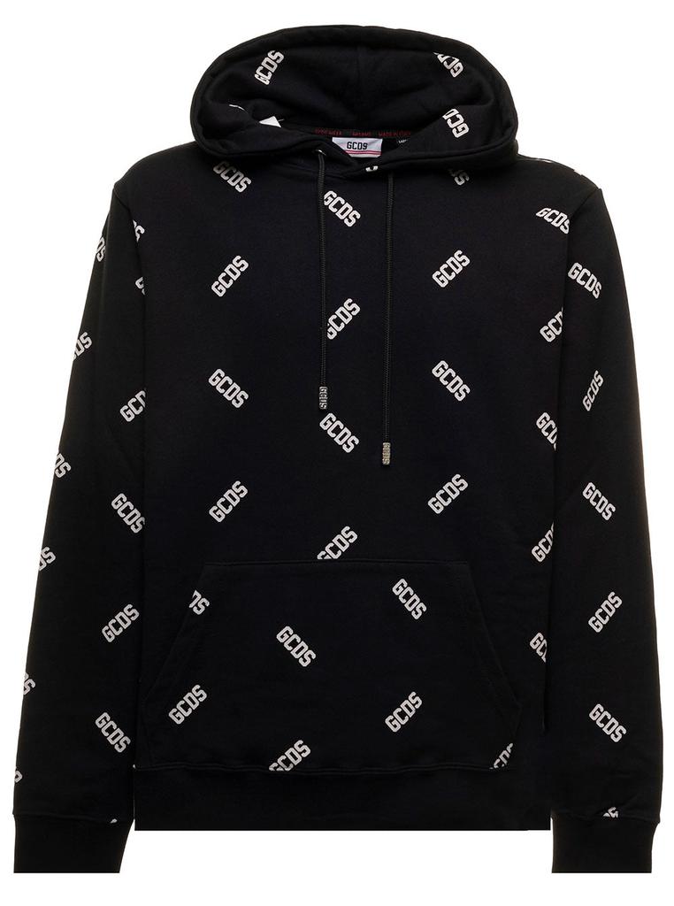 Black Fleece Cotton Hoodie with Allover Contrasting Logo Pattern GCDS Man商品第1张图片规格展示