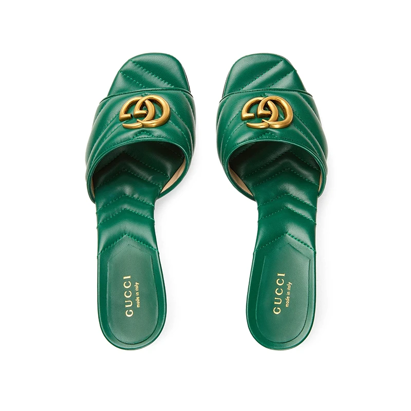 GUCCI/古驰 女士绿色皮革金属双G高跟拖鞋8cm 商品