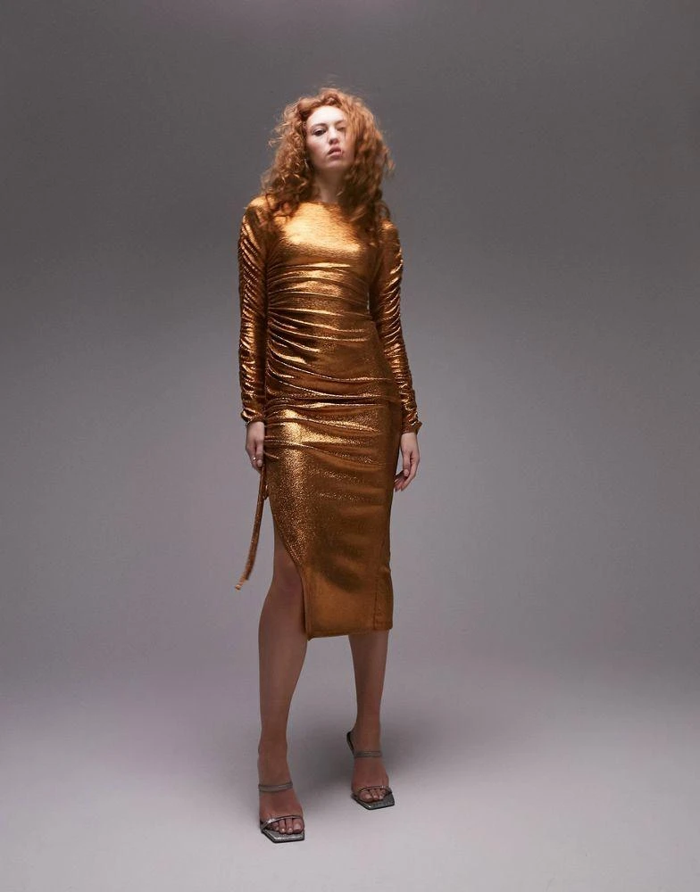 商品Topshop|Topshop bronze long sleeve asymmetric maxi dress,价格¥720,第1张图片