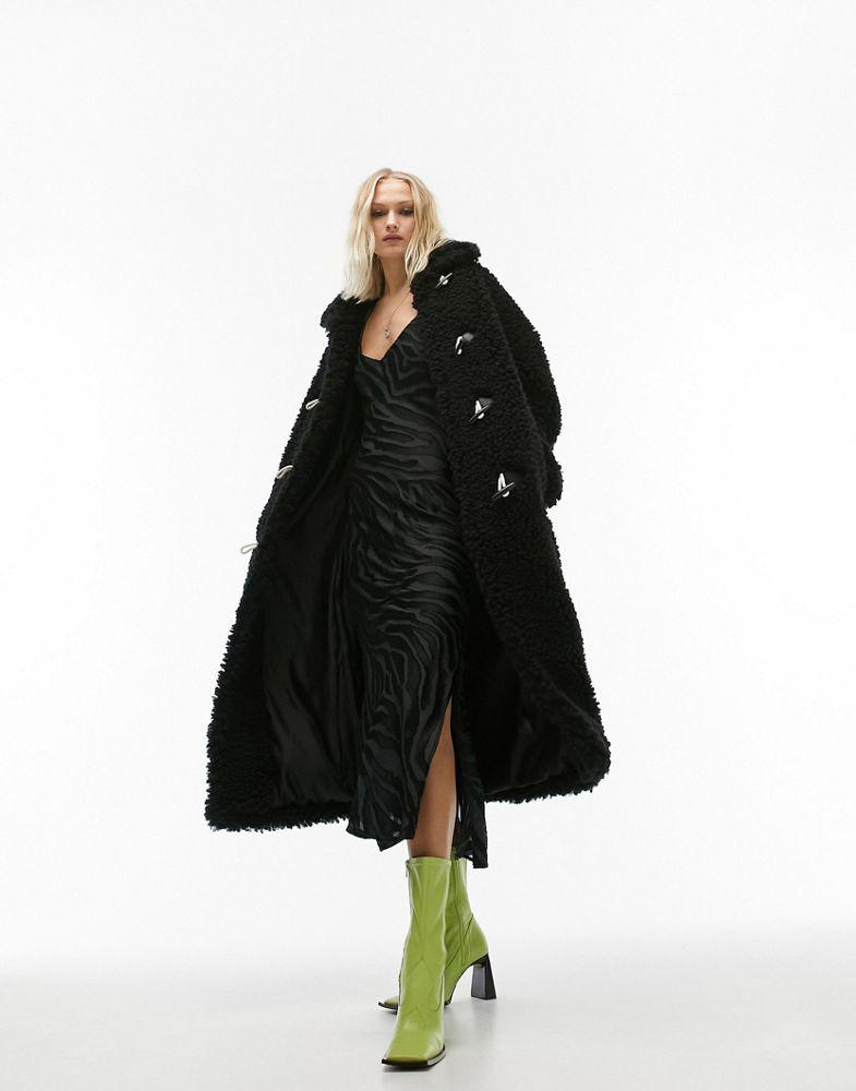 Topshop longline toggle borg coat in black商品第1张图片规格展示