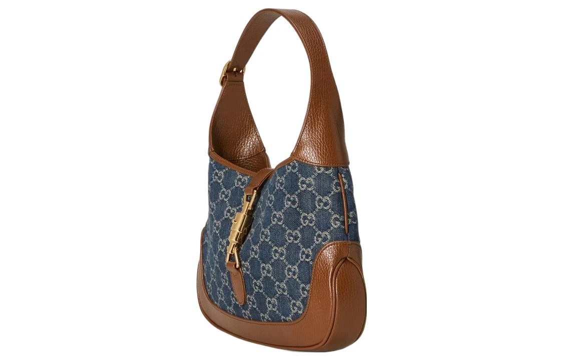 商品[国内直发] Gucci|古驰 Jackie 1961 金色锁扣老花满印可拆卸延长肩带 帆布拼皮革饰边 帆布包半月腋下包 单肩包 小号 女款 棕蓝拼色,价格¥14421,第4张图片详细描述