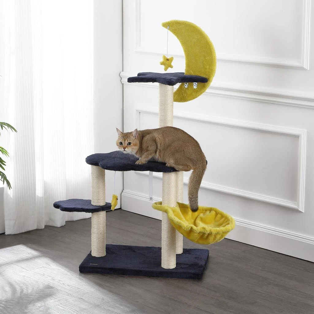 商品THE LICKER STORE|Aurora 49" 3-Tier Modern Sisal Moon And Stars Cat Tree with Scratching Posts, Basket, and Fuzzy Bell Toys, Navy/Yellow/White,价格¥1081,第2张图片详细描述