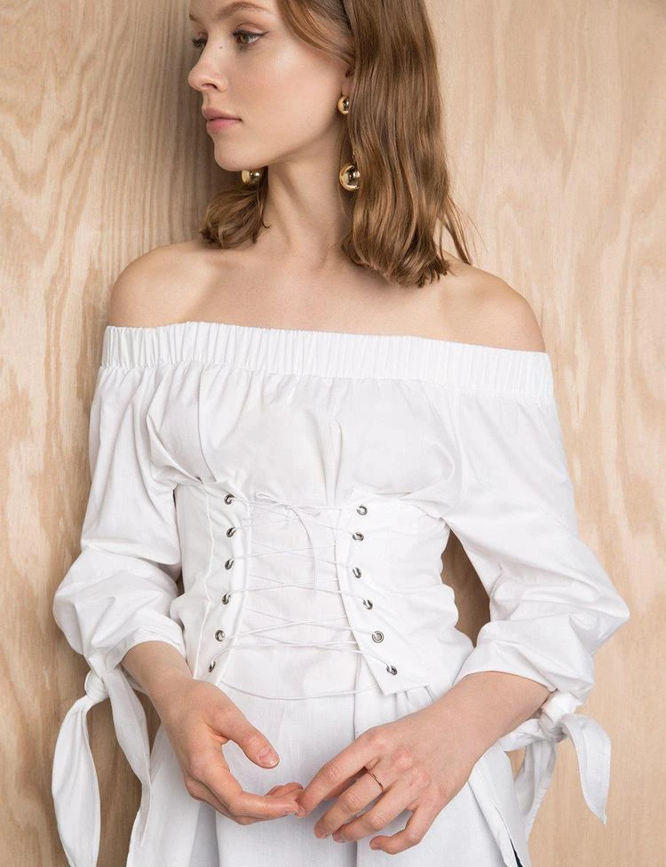 商品Pixie Market|Corset TIe White Off The Shoulder Top,价格¥379,第1张图片