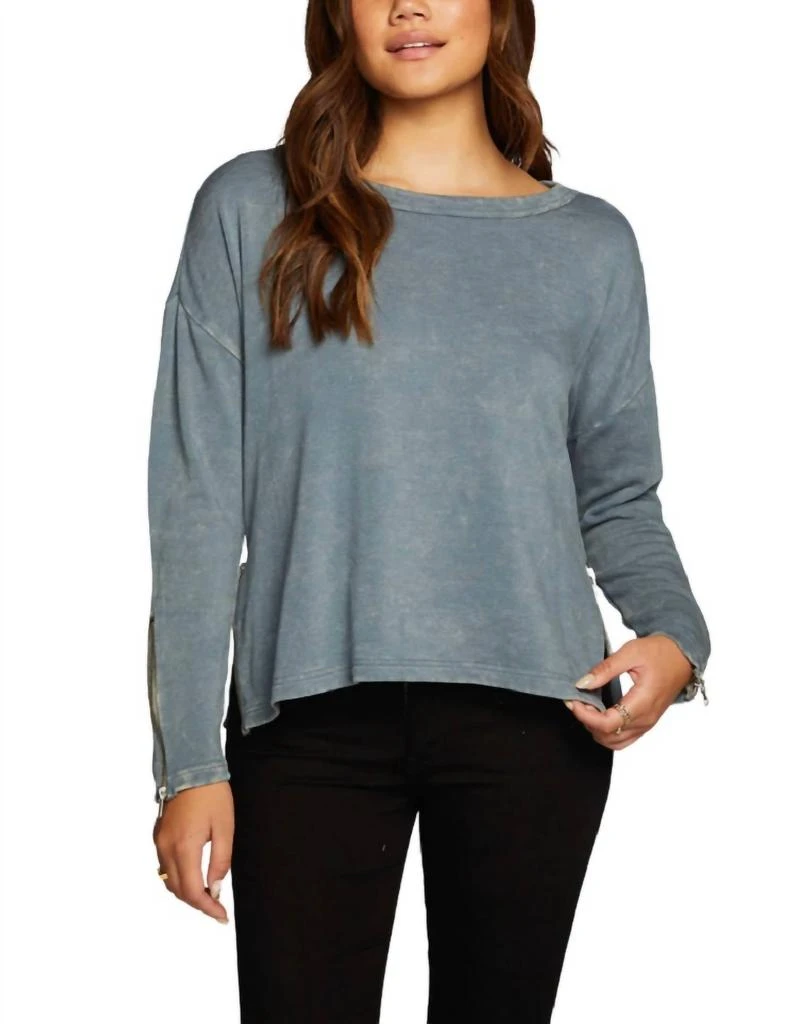 商品Chaser|Slub French Terry Long Sleeve Open Neck Pullover With Zippers In Denim Mineral Wash,价格¥538,第1张图片