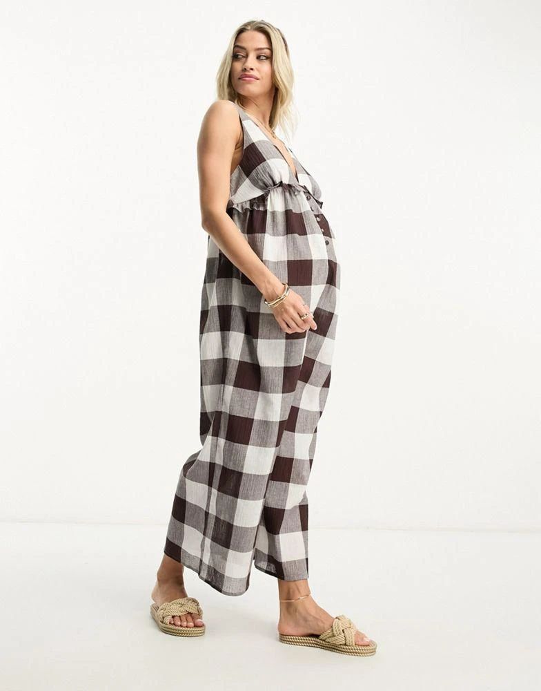 商品ASOS|ASOS DESIGN Maternity tiered crinkle frill jumpsuit in brown gingham,价格¥283,第4张图片详细描述
