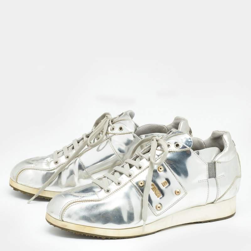 Fendi Metallic Silver Patent Leather Low Top Sneakers Size 38商品第2张图片规格展示