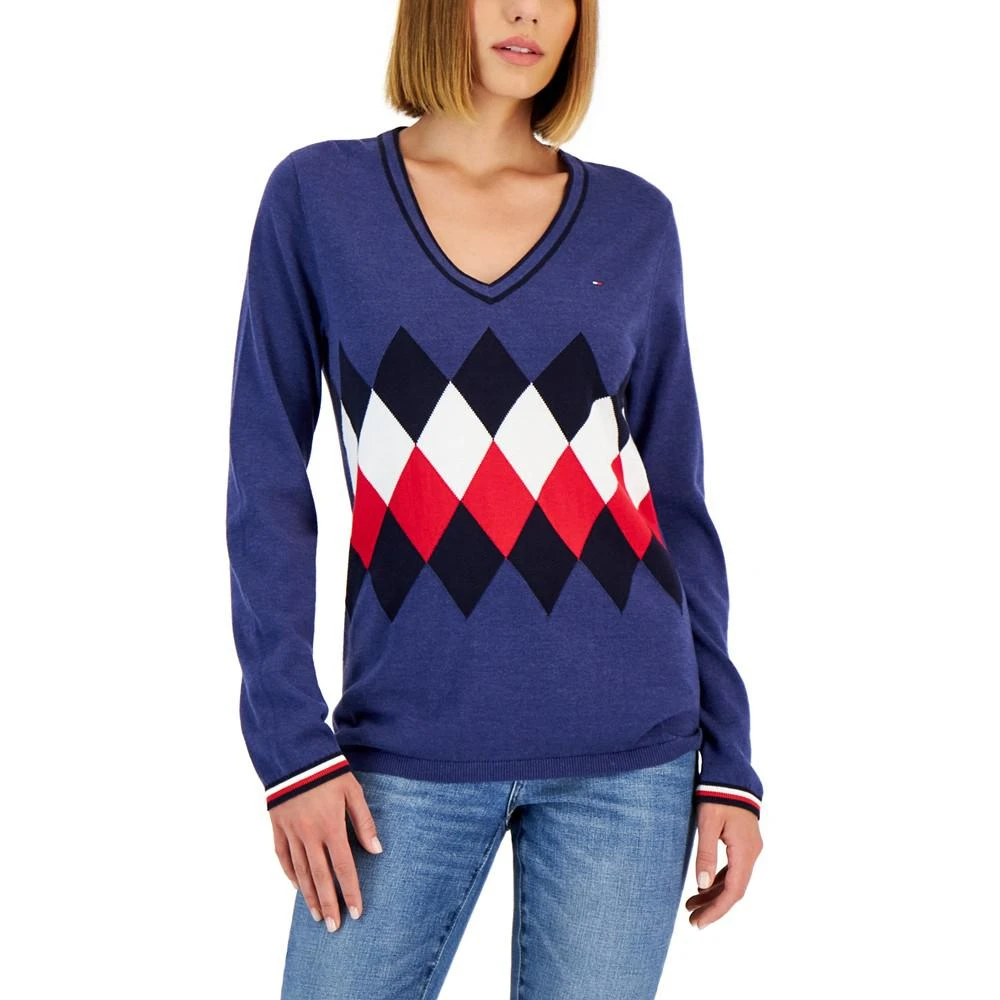 商品Tommy Hilfiger|Women's Cotton Argyle V-Neck Sweater,价格¥158,第1张图片