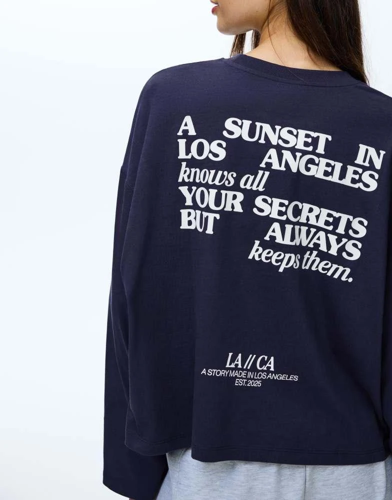 商品Bershka|Bershka Long sleeve boxy t-shirt with print in navy,价格¥184,第3张图片详细描述