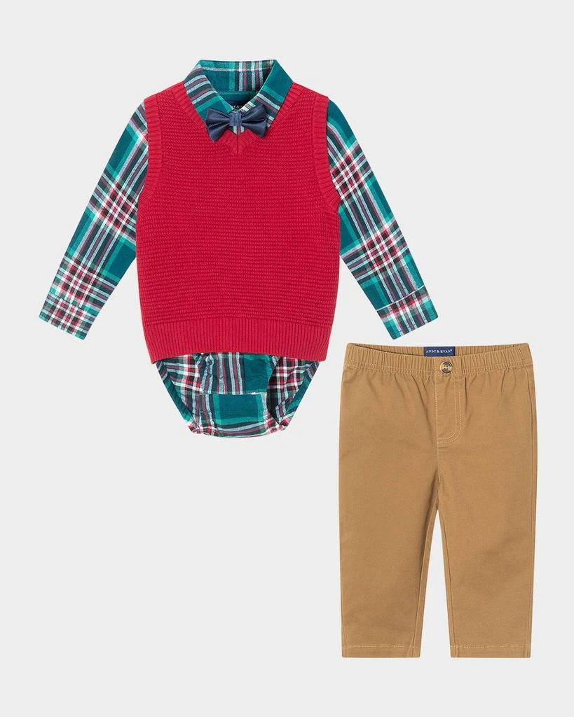 商品Andy & Evan|Boy's Plaid Button Down Bodysuit W/ Sweater Vest & Bowtie Set, Size Newborn-24M,价格¥508,第1张图片