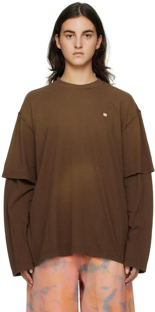 Brown Layered Long Sleeve T-Shirt商品第1张图片规格展示