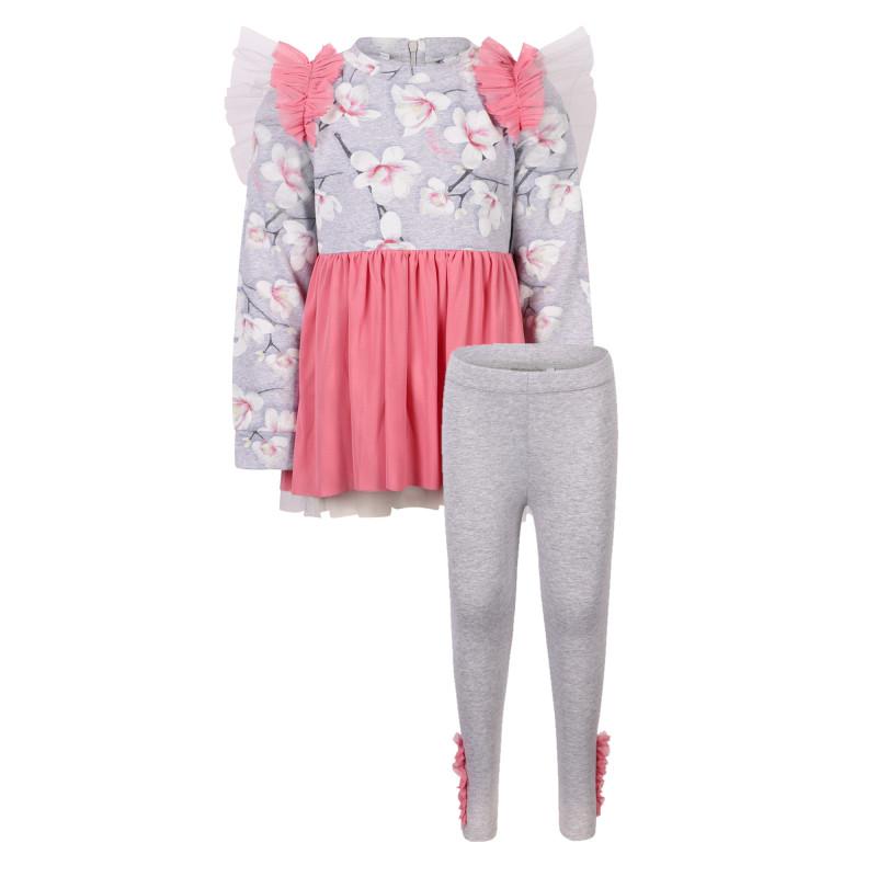 Floral blouse and leggings set with tulle detailing in grey and pink商品第1张图片规格展示