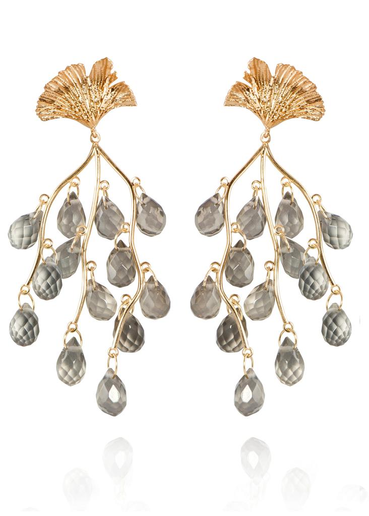 Sea shore smoky quartz & gold ginkgo leaf earrings商品第1张图片规格展示