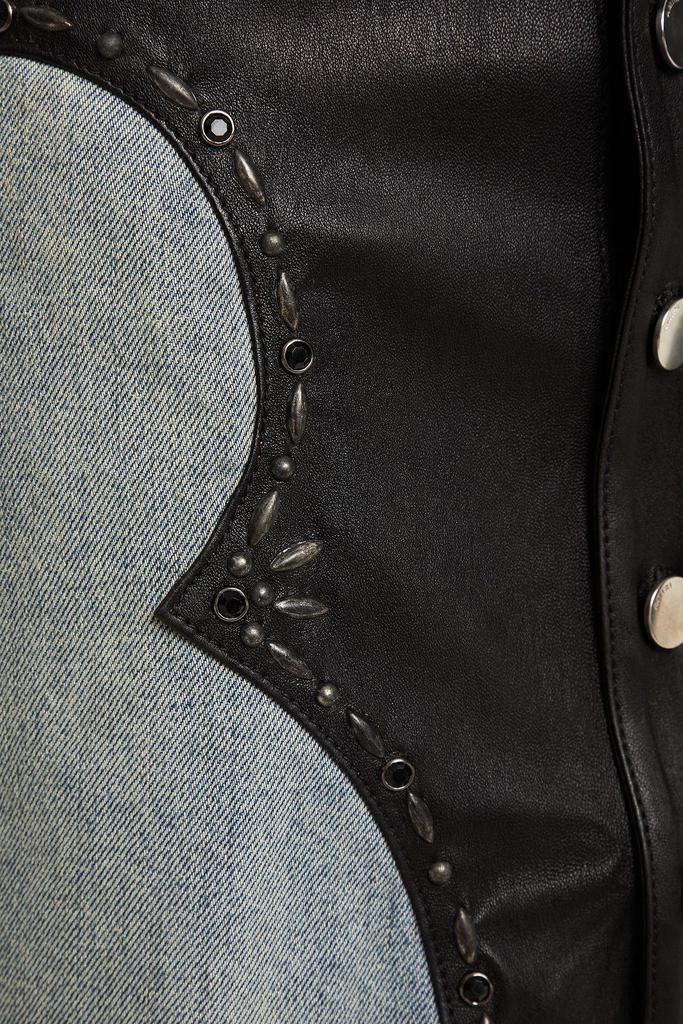 Denim-paneled studded leather mini skirt商品第2张图片规格展示