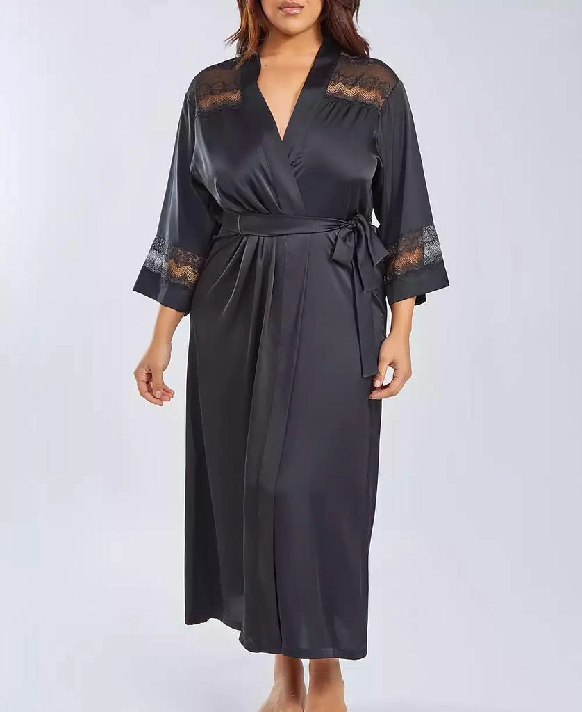 商品iCollection|Plus Size Silky Stretch Satin Long Robe with Lace Trims,价格¥704,第1张图片