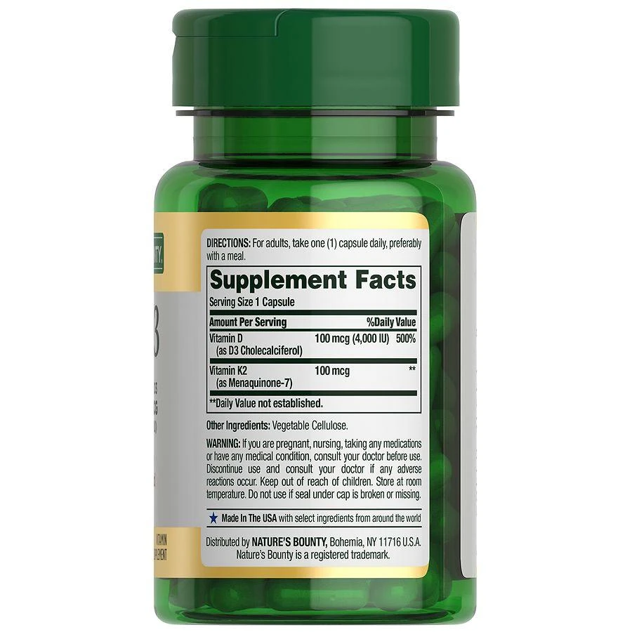 商品Nature's Bounty|Vitamin K2 + D3, Vitamin Supplements, for Bone and Health Support,价格¥110,第3张图片详细描述