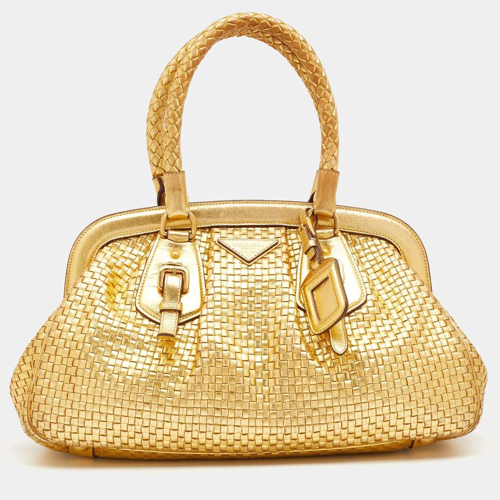 商品[二手商品] Prada|Prada Metallic Gold Woven Madras Leather Frame Satchel,价格¥2962,第1张图片