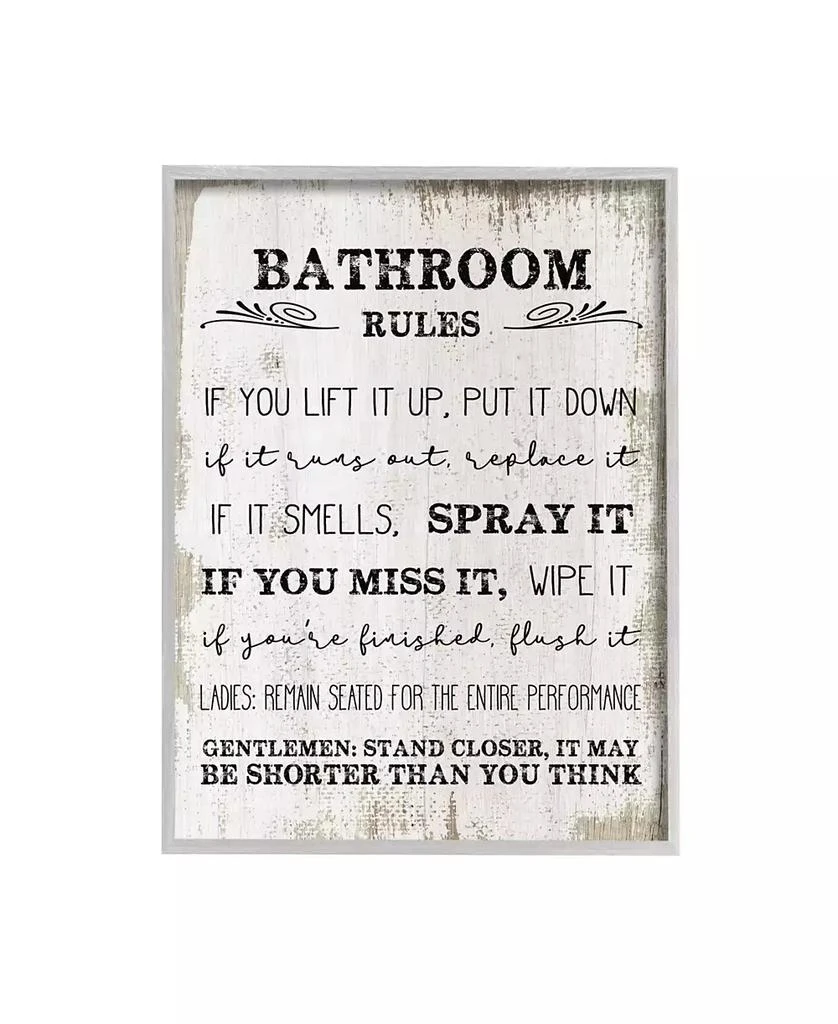 商品Stupell Industries|Bathroom Rules Funny Word Wood Textured Design Gray Farmhouse Rustic Framed Giclee Texturized Art, 11" x 14",价格¥400,第1张图片