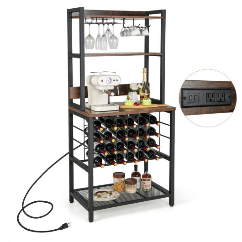 商品Hivvago|Wine Bar Cabinet Wine Rack with 4 Tier Storage Shelves and Glass Holders-Brown,价格¥1153,第4张图片详细描述